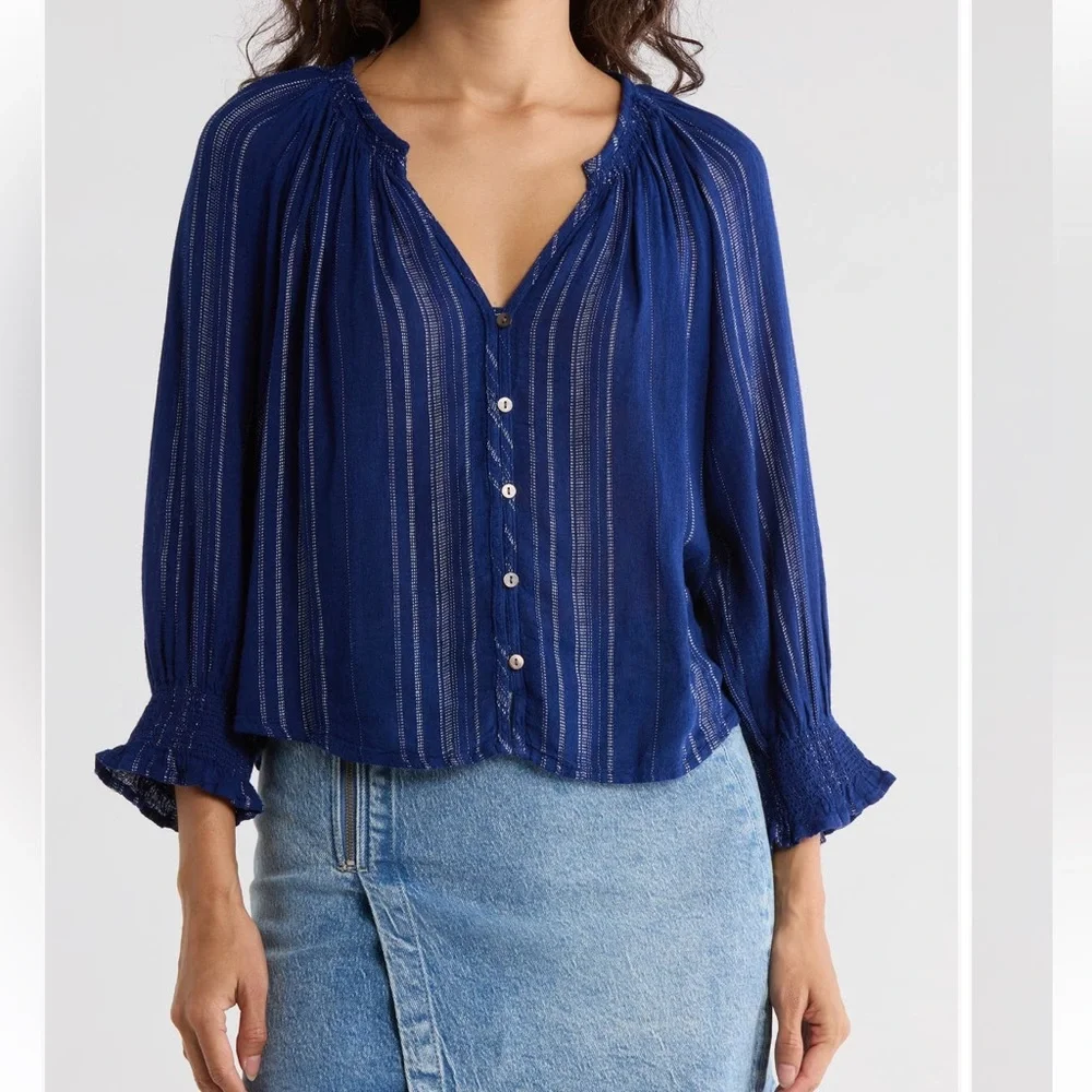Rails NWT Mariah Relaxed Fit Blue/White Striped Linen Blend Button-Up Blouse - Picture 1 of 14